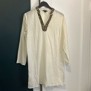 Lands’ End Sz 10-12 Sheer Ivory Cotton Swim Cover Up Matte Gold Sequins
